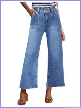Womens High Rise Cropped Wide Leg Jeans Two Button Frayed Hem Stretch Denim